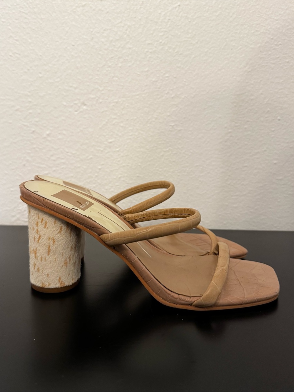 Dolce Vita Tan Croc-Embossed Double Strap Heel Sandals w/ Pony Hair Heel - Picture 2 of 12